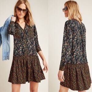 Anthropologie Maeve Marlie Button Up Tunic Dress Black Mixed Floral Print